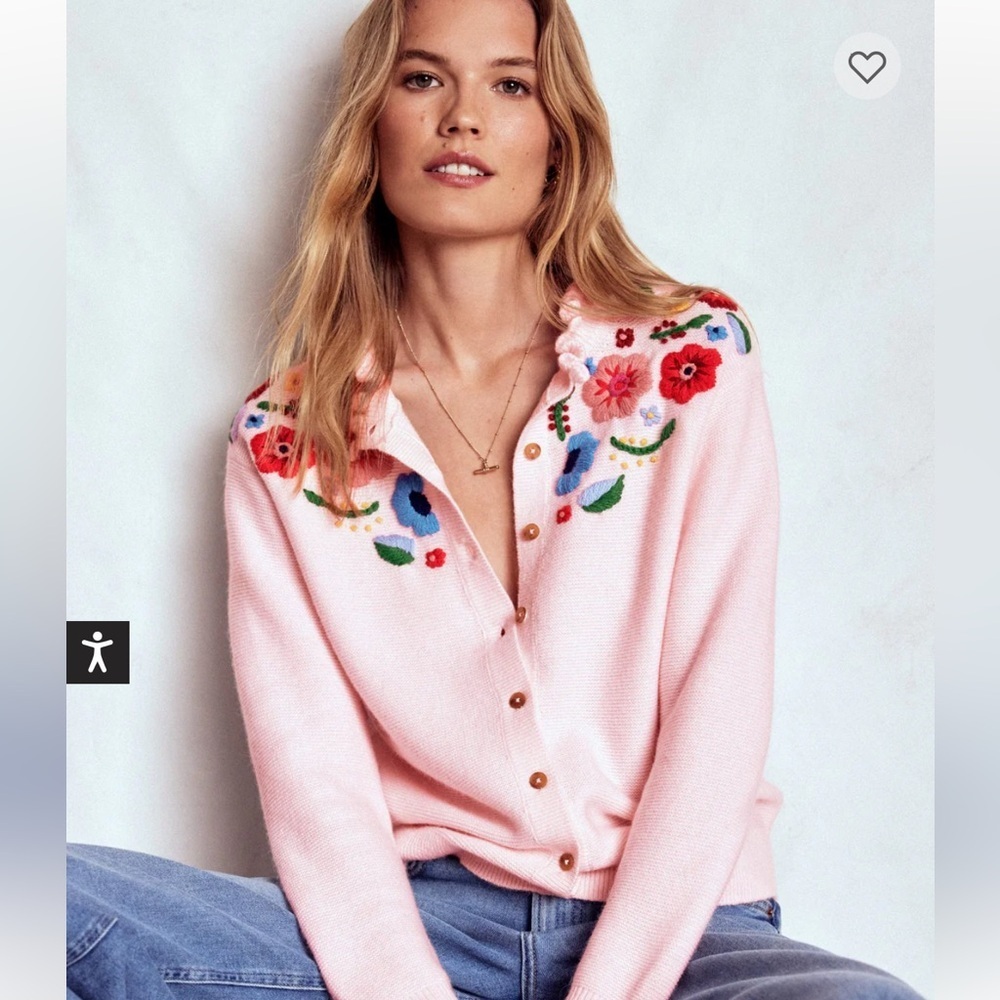 BODEN embroidered frill knit sweater cardigan blooming pink size large